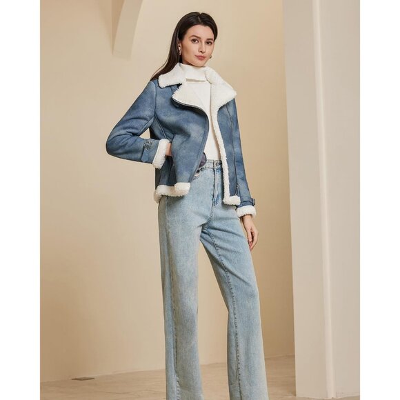 Women's Blue Denim Leather Jacket Fur Winter Coat Warm Thick Fur Lined Faux - Picture 3 of 6